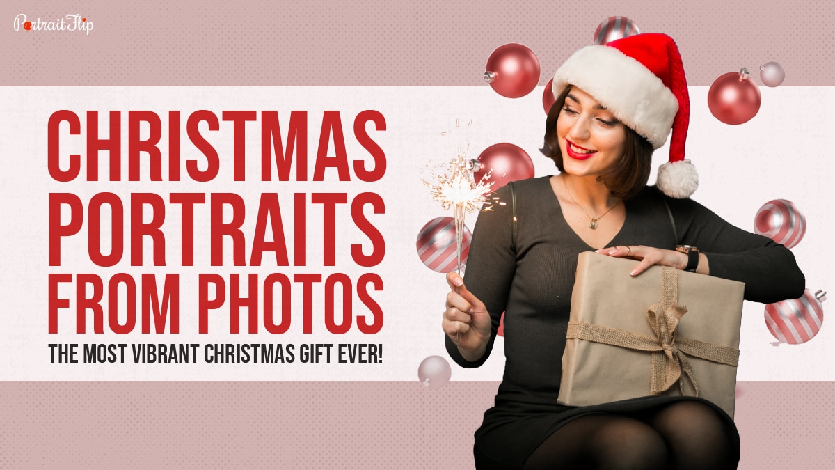 A women wearing a santa cap holding a Christmas portrait from photos present.