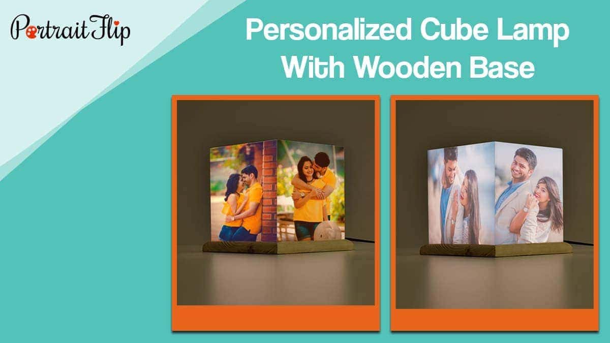 Personalized cube lamp with wooden base