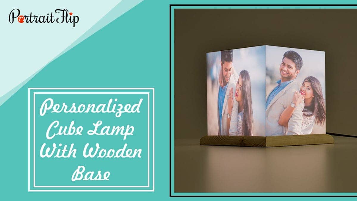 Personalized cube lamp with wooden base
