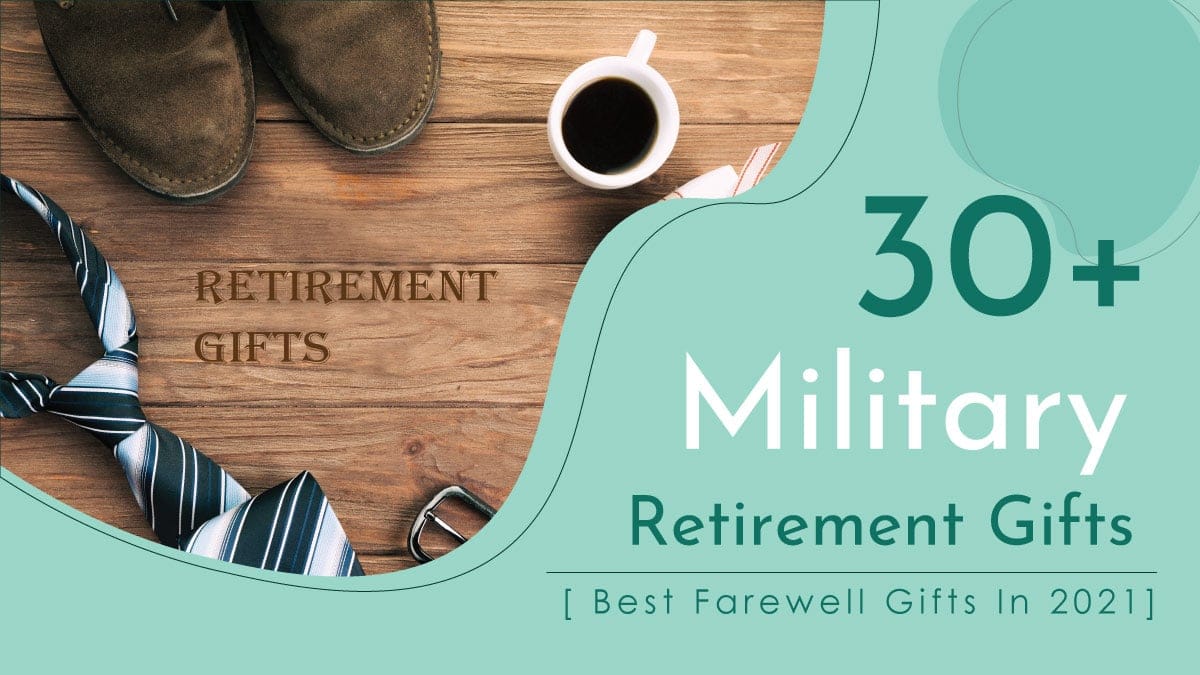 A dozen of military retirement gifts are placed on the wooden surface.