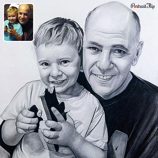 photo to grandpa and grandson charcoal drawing