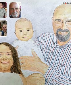 photos to two kids and grandpa colored pencil drawing