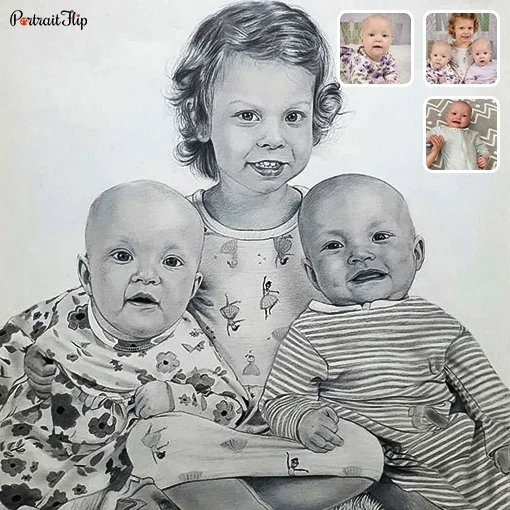 photo three kids pencil portrait