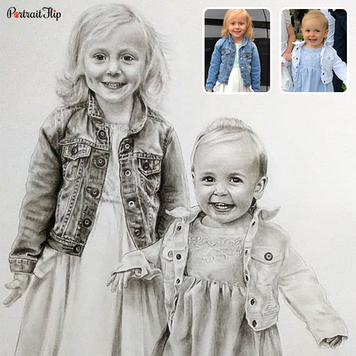 photo to two kids pencil portrait