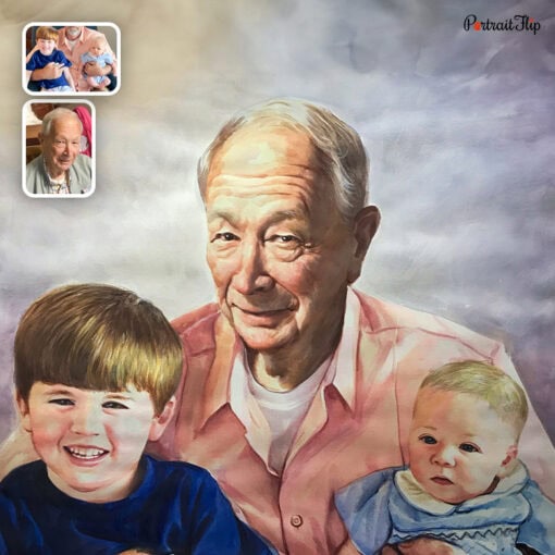 grandfather and two kids watercolor painting