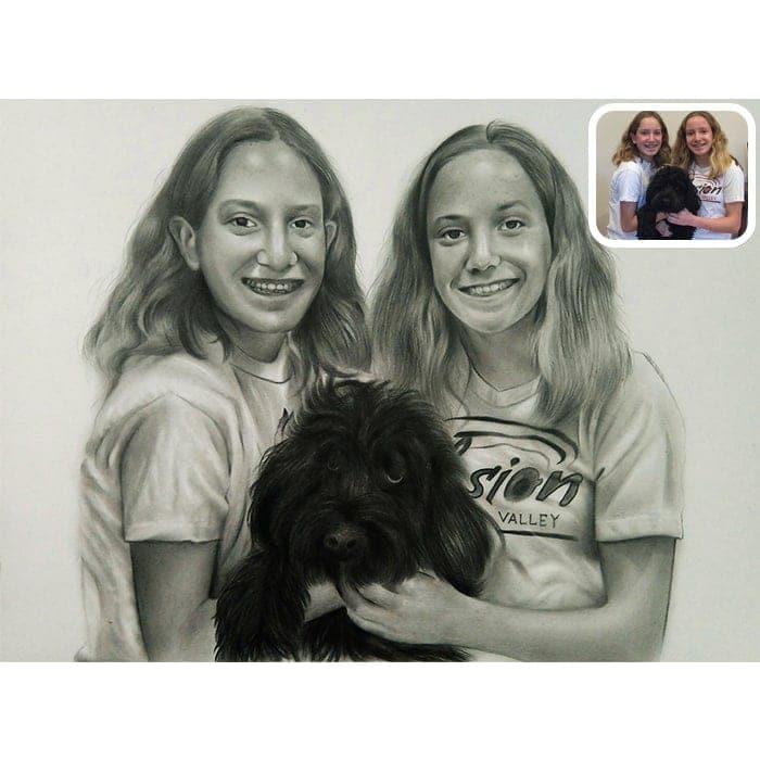 sisters with dog pencil sketch
