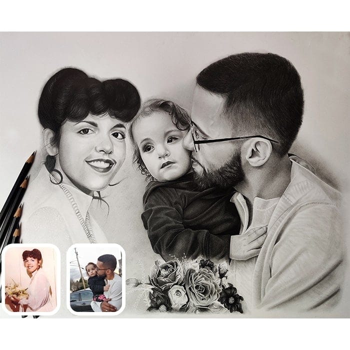 baby with parents charcoal drawing
