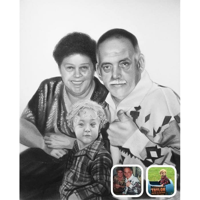 kid with grand parents charcoal drawing