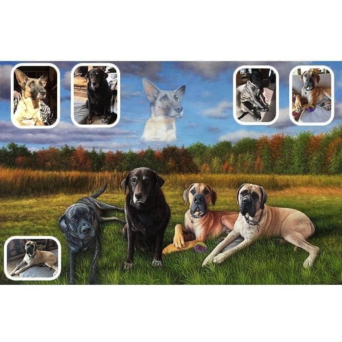 five dogs merge oil painting