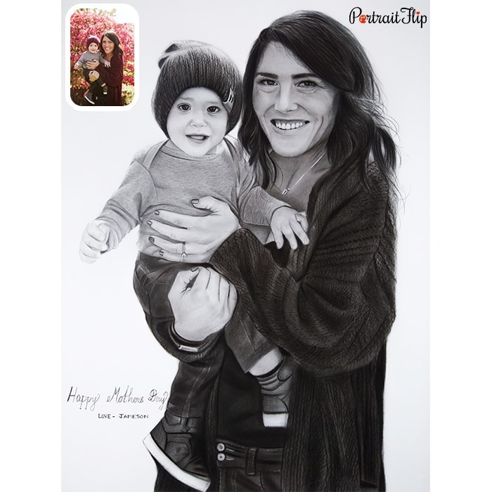 baby with mom pencil portrait