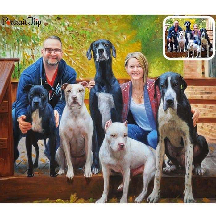 couple and five dogs painting