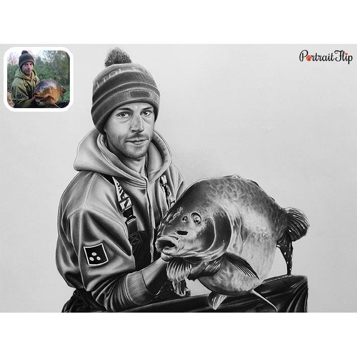 man with fish charcoal portrait