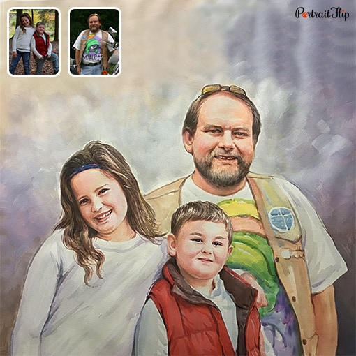 photo to father and two kids watercolor painting