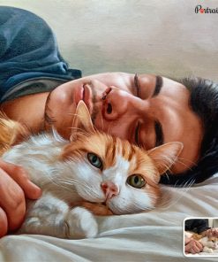 sleeping man and cat acrylic portrait