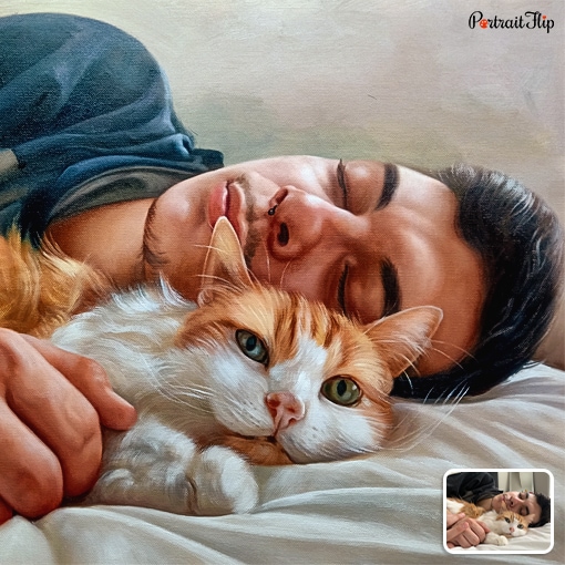 sleeping man and cat acrylic portrait