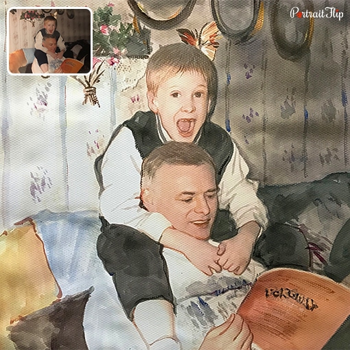 old photos to father and child watercolor painting