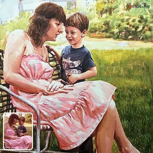 old photos to mother and child watercolor painting