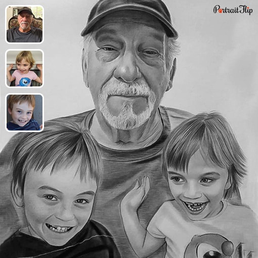 photo to grandpa and 2 child pencil sketch