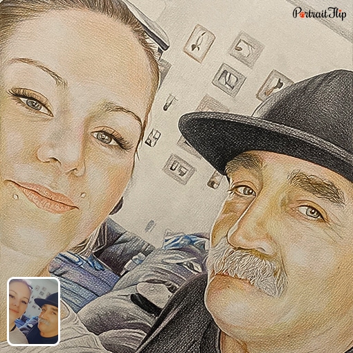 photo to old man and girl colored pencil portrait