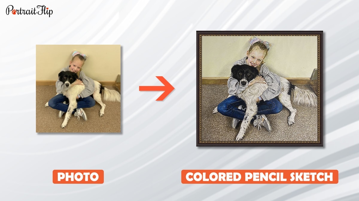 a photo of girl with her dog is turned into a colored pencil sketch by artist at portraitflip