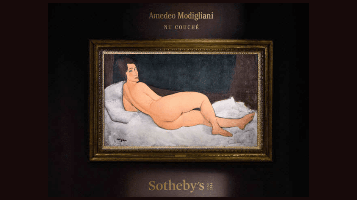 The Painting 'Nu couché (sur le côté gauche)' by Amedeo Modigliani hangs at the wall of Sotheby's.
one of his most expensive painting.