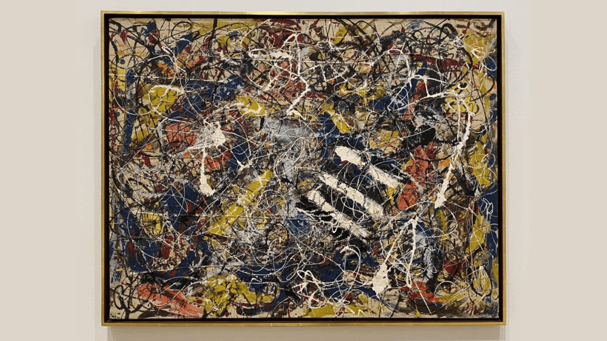 The painting 'Number 17A' by Jackson Pollock, one of his most expensive paintings is displayed with a golden frame. 