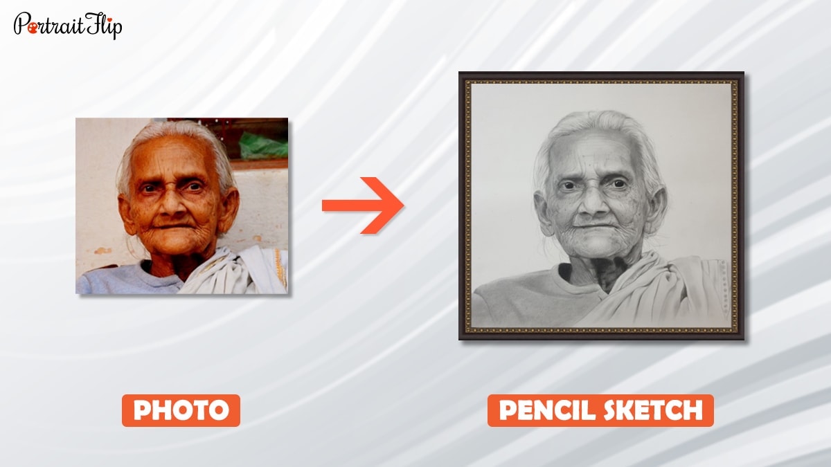 a photo of grandma is turned into a pencil sketch by artist at portaitflip
