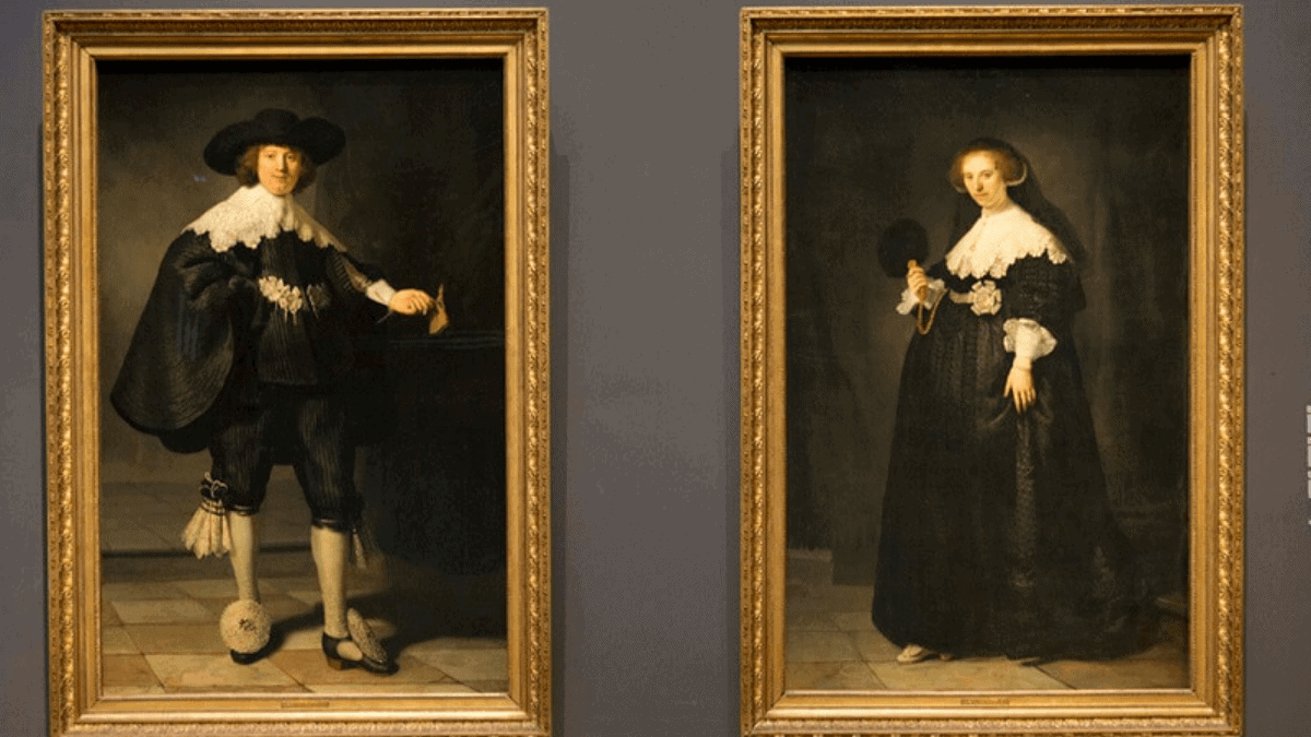 The painting 'Pendant portraits of Maerten Soolmans and Oopjen Coppit' by Rembrandt