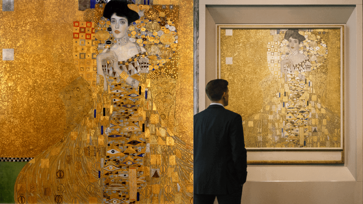 The painting 'Portrait of Adele Bloch-Bauer II' by Gustav Klimt being viewed by a man.
