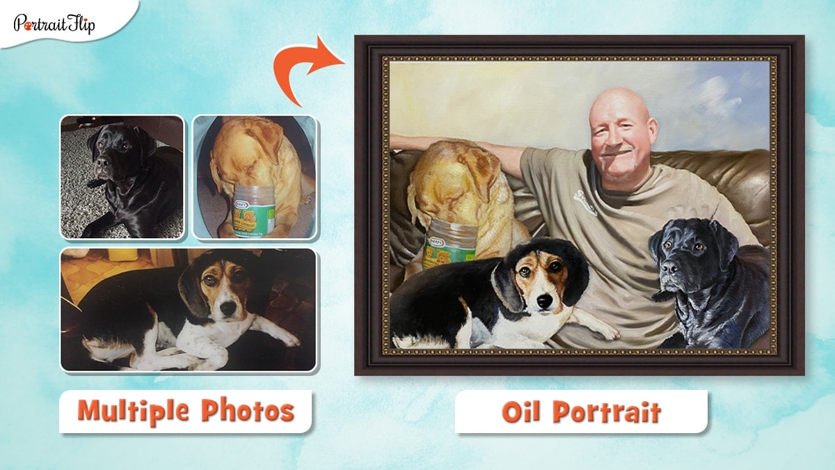 An oil memorial portrait of an old man with three dogs sitting on a sofa. 
