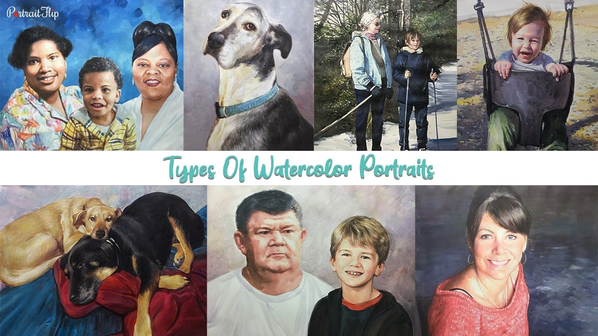 Compilation of watercolor portrait showing family, dogs, mother and son, child, baby and sister by portraitflip