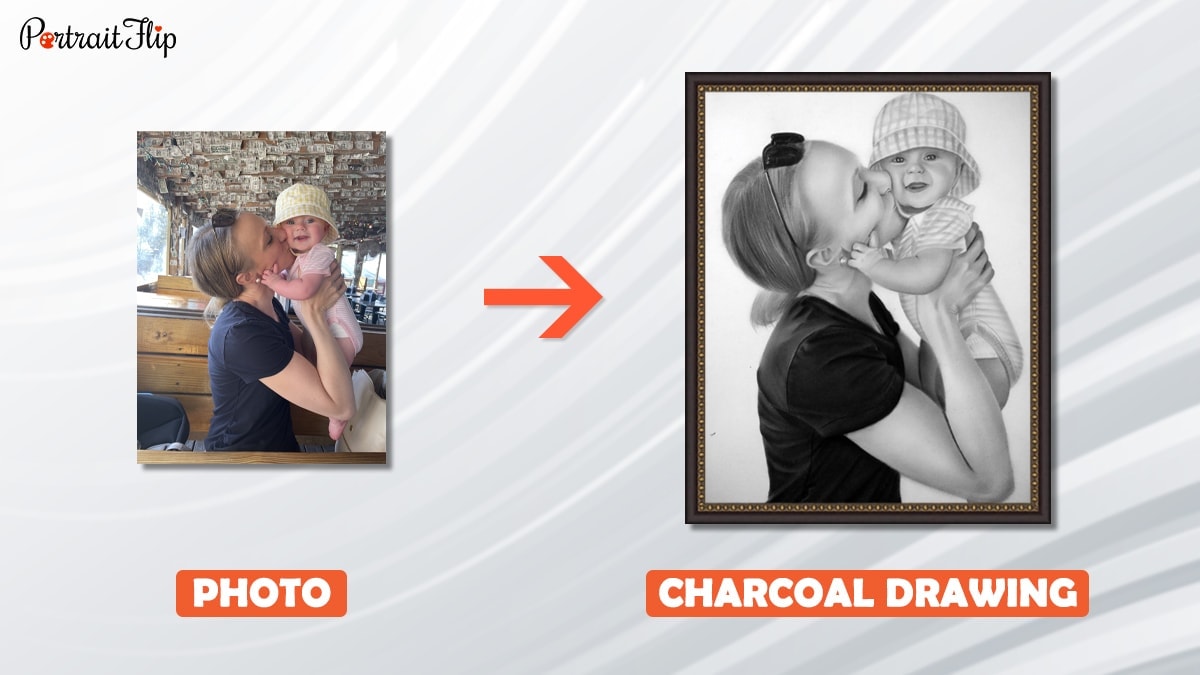 A photo of mom and her baby is turned into a charcoal drawing by portraitflip