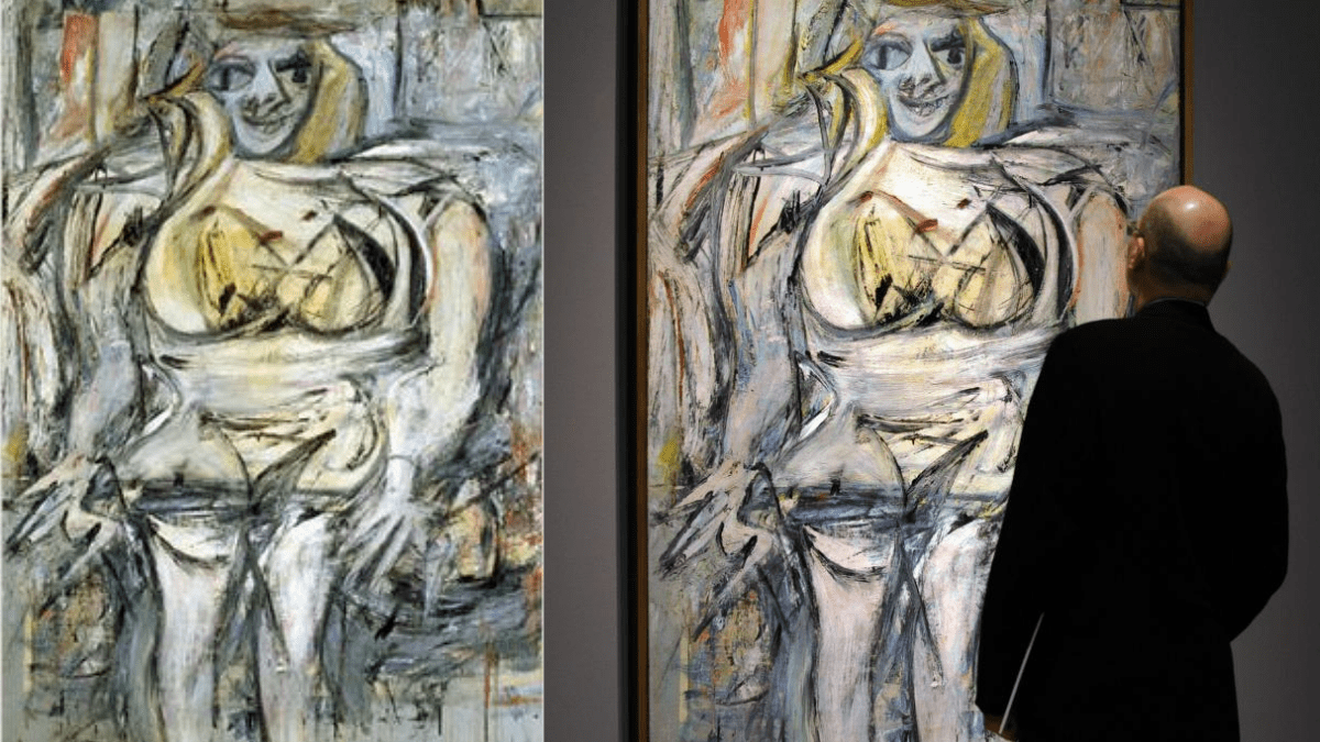 The 18th most expensive painting 'Woman III' by Willem de Kooning hangs at a museum and being viewed by a man.