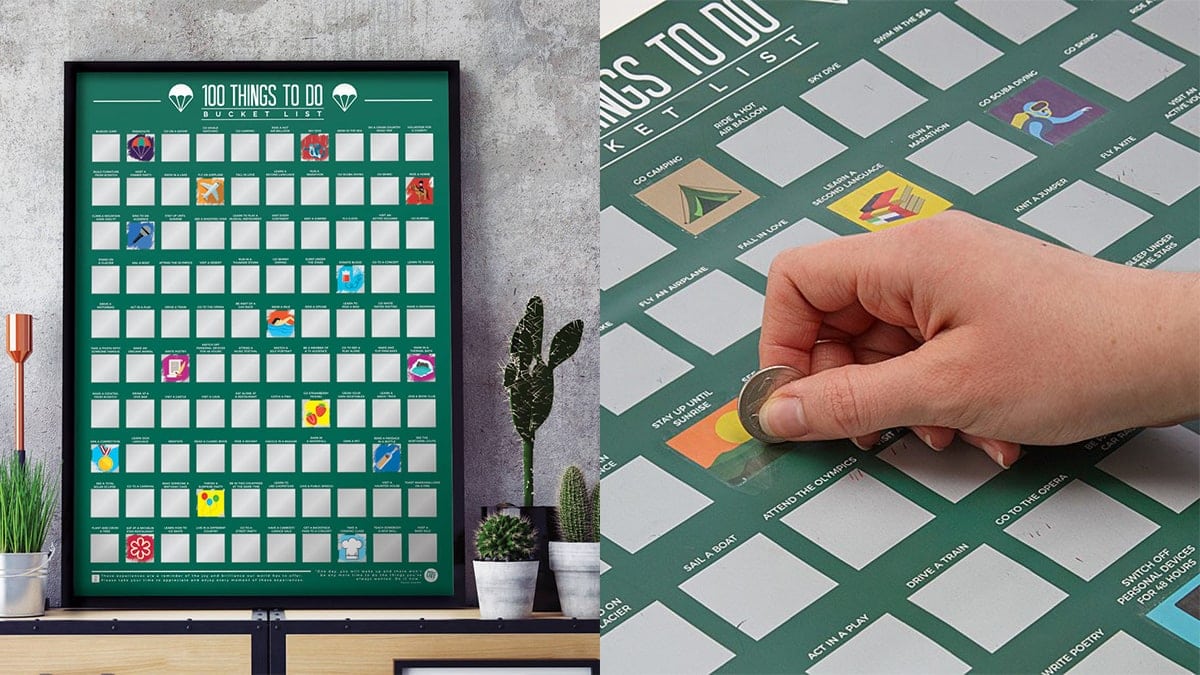 On left: 100 Things To Do Scratch Off Poster. On the right: a hand scratching off the block with a coin.