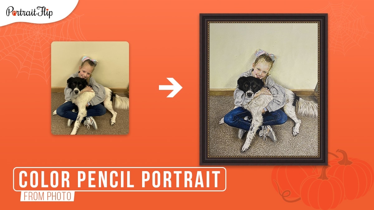 A photo of a teen girl holding her border collie dog converted into a framed color pencil portrait on an orange background.