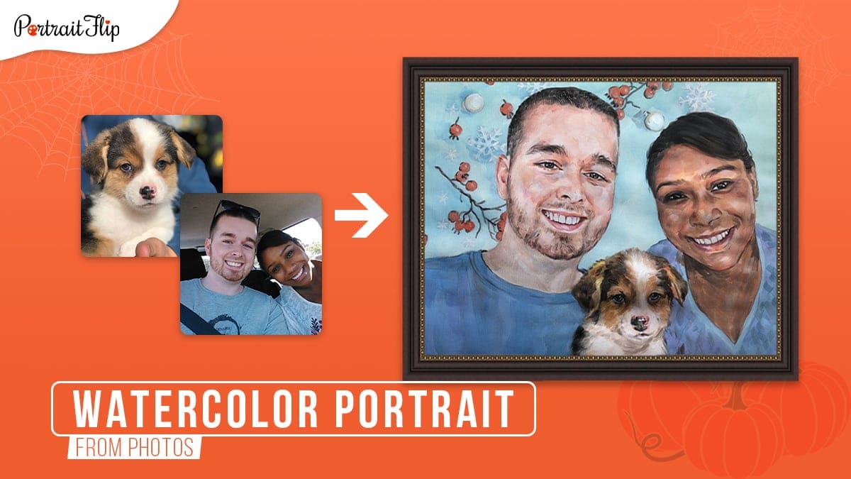 A photo to watercolor painting of 2 merged photos of a couple and a puppy on an orange background.