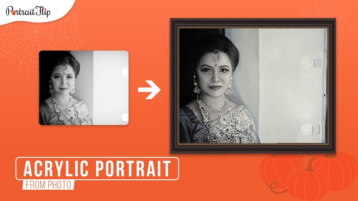 A portrait photo of a female wearing jewelry and a saree turned into a framed acrylic painting on an orange background.