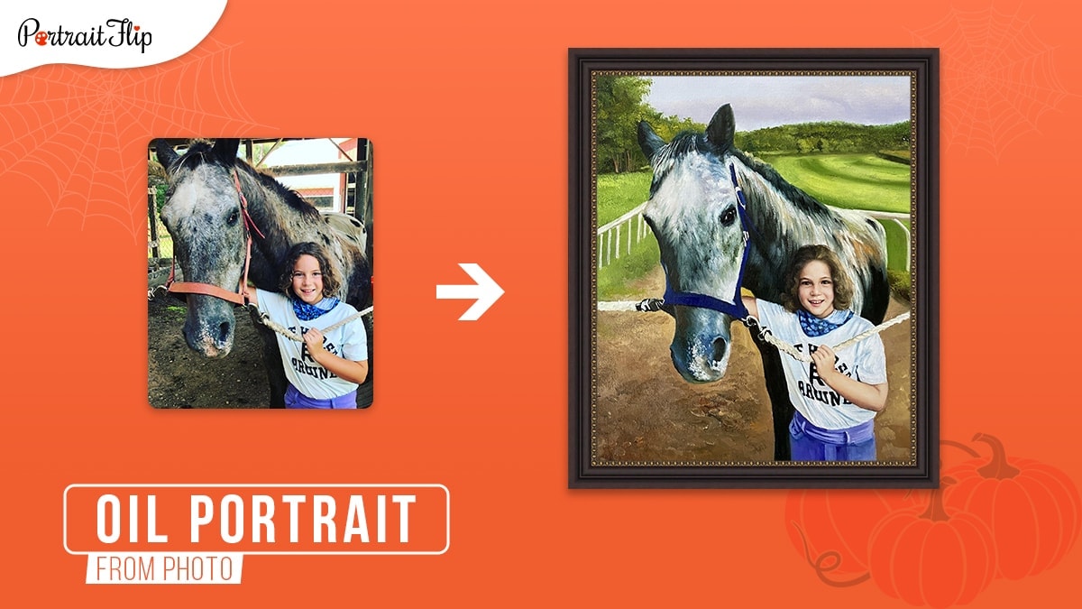 A photo to oil painting with a changed background and girl standing with a horse on an orange background.