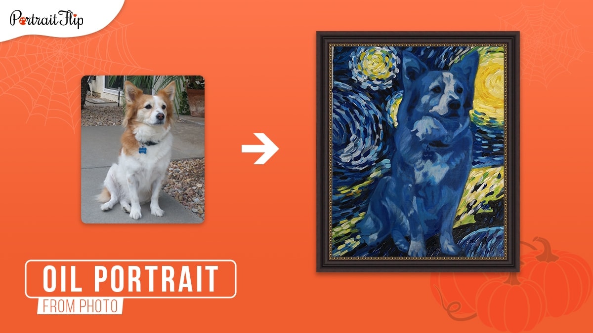 a photo of a brown and white dog turned into a framed oil painting with Vincent van Gogh's starry night theme on an orange background.