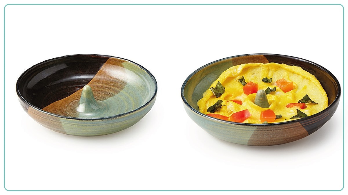 on left: 45-Second Omelet Maker. on right: a baked omelet in a 45-Second Omelet Maker