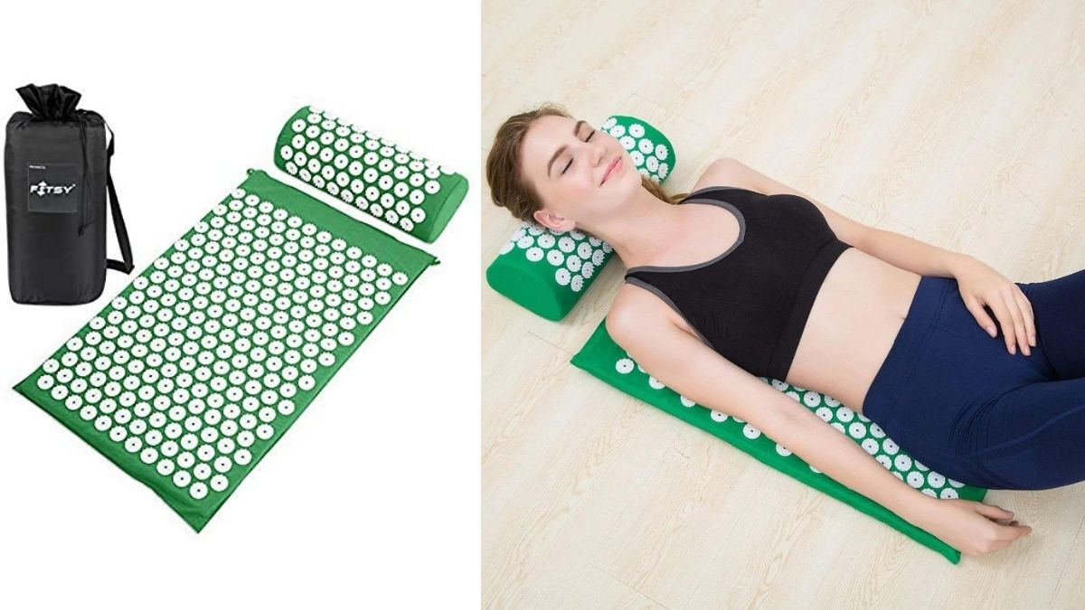 On left: a green colored acupressure mat against white background.  on right: a woman relaxing on green acupressure mat. 