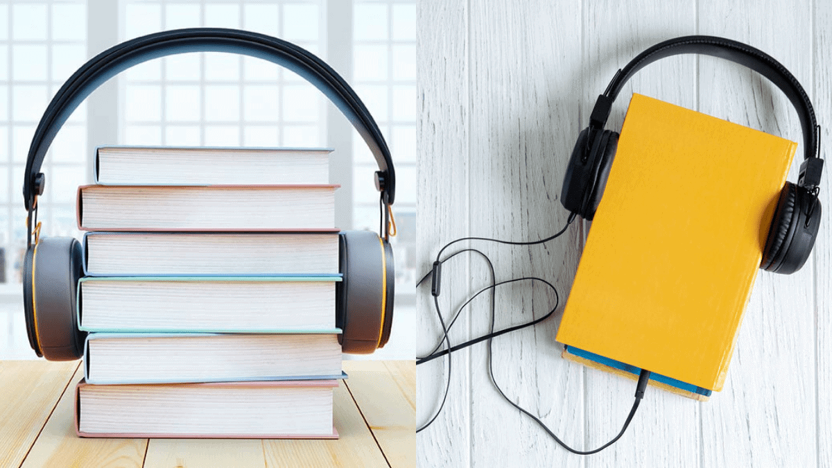 On a stack of books a headphone is placed around it, to show as if its hearing the books - this signifies Audiobooks, books that can be heard.   