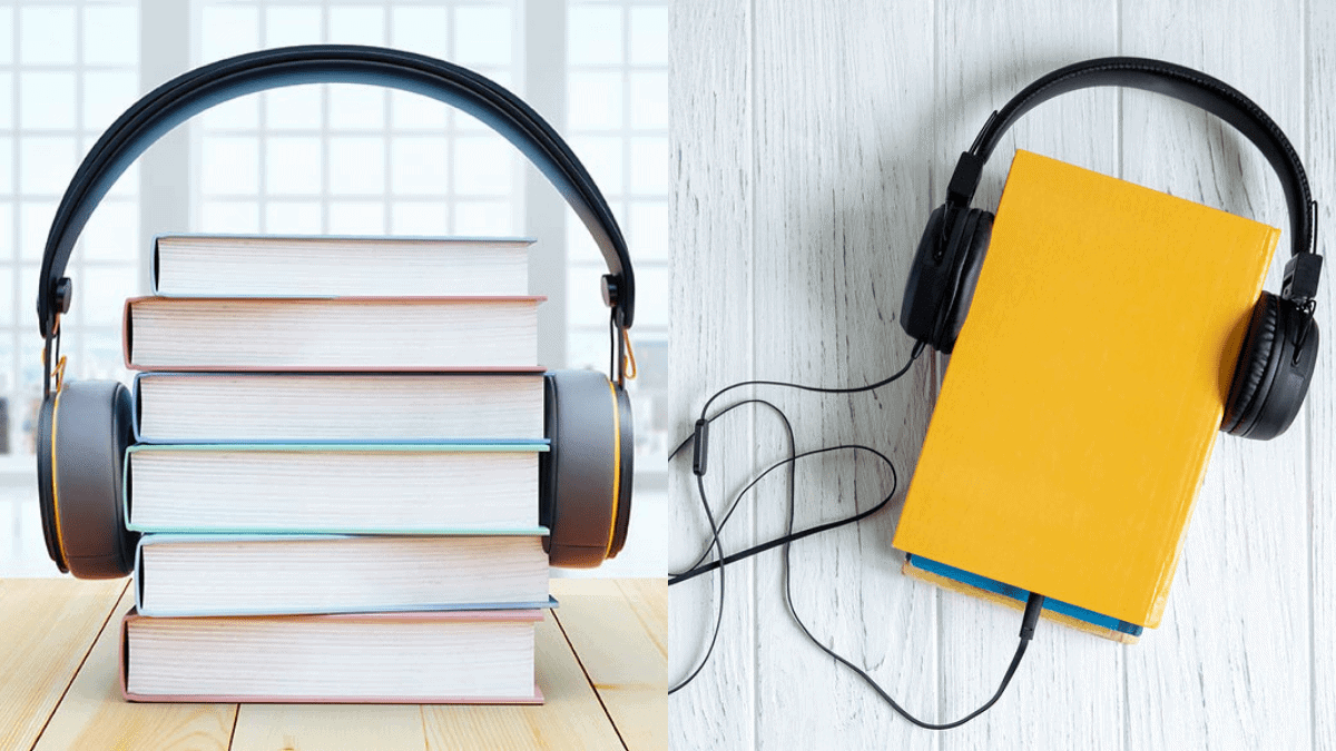 On a stack of books a headphone is placed around it, to show as if its hearing the books - this signifies Audiobooks, books that can be heard.