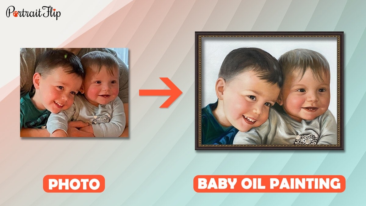 A photo of two babies is converted into a baby oil portrait by portraitflip artists. 