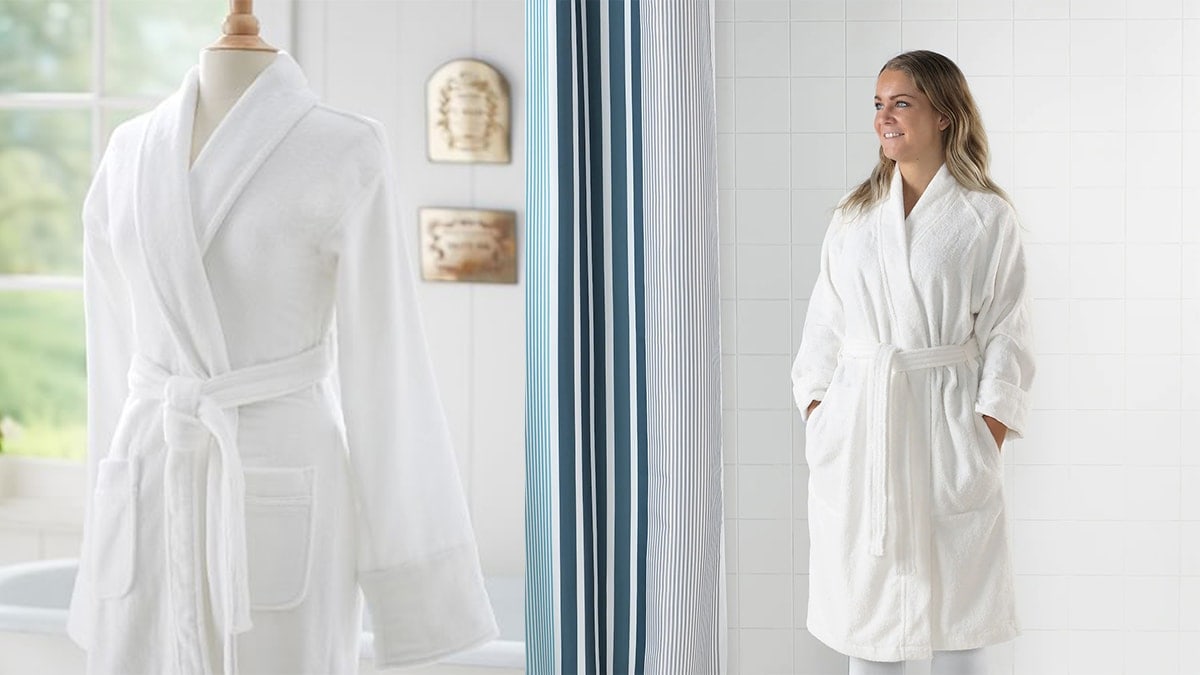 a white bathrobe. On the right side: a woman wearing a bath robe. 