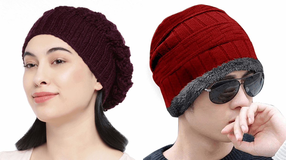 A guy and a girl in red and brown beanies. 