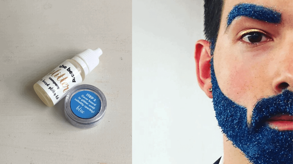 A bottle of blue glitter and serum on the left. a half faced man with blue glittered beard and eyebrows on the right.