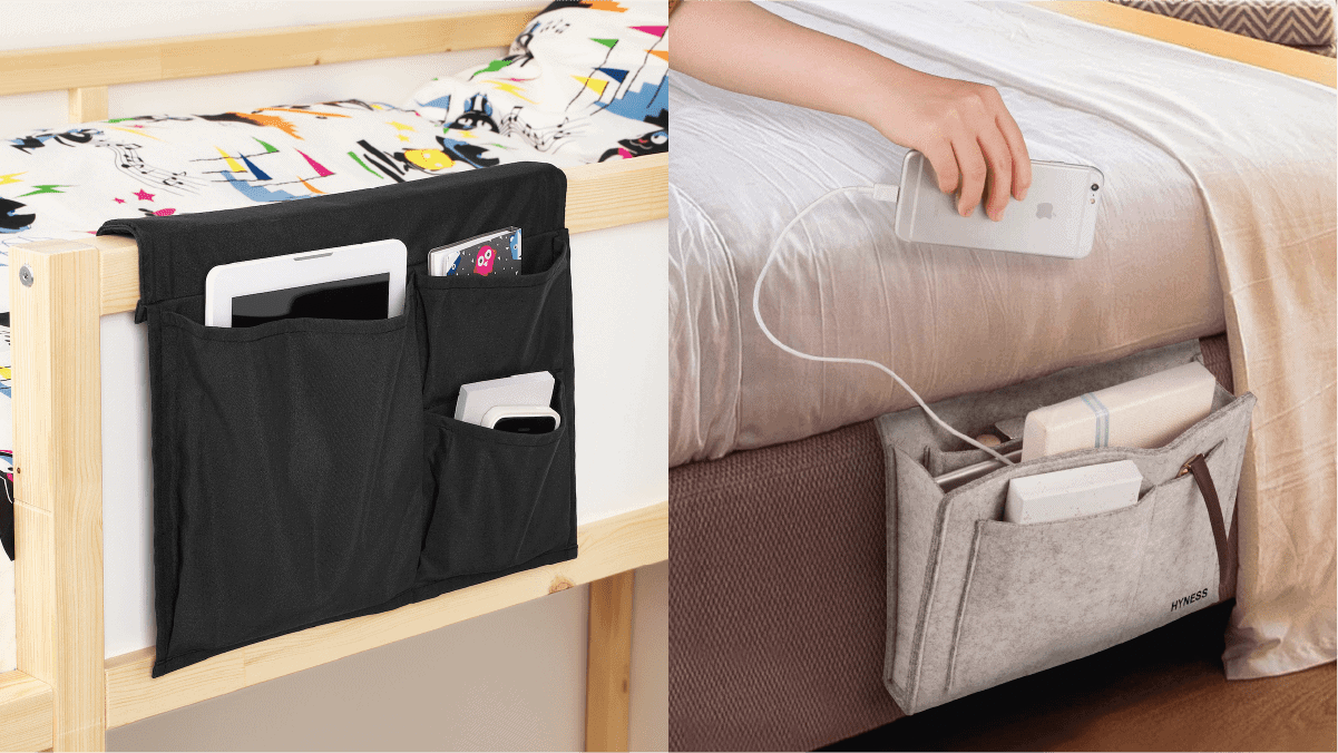 on left:  a black bedside caddy with smartphone, tablet, and small diary. On the right: a hand keeping an iPhone in the white colored bedside caddy