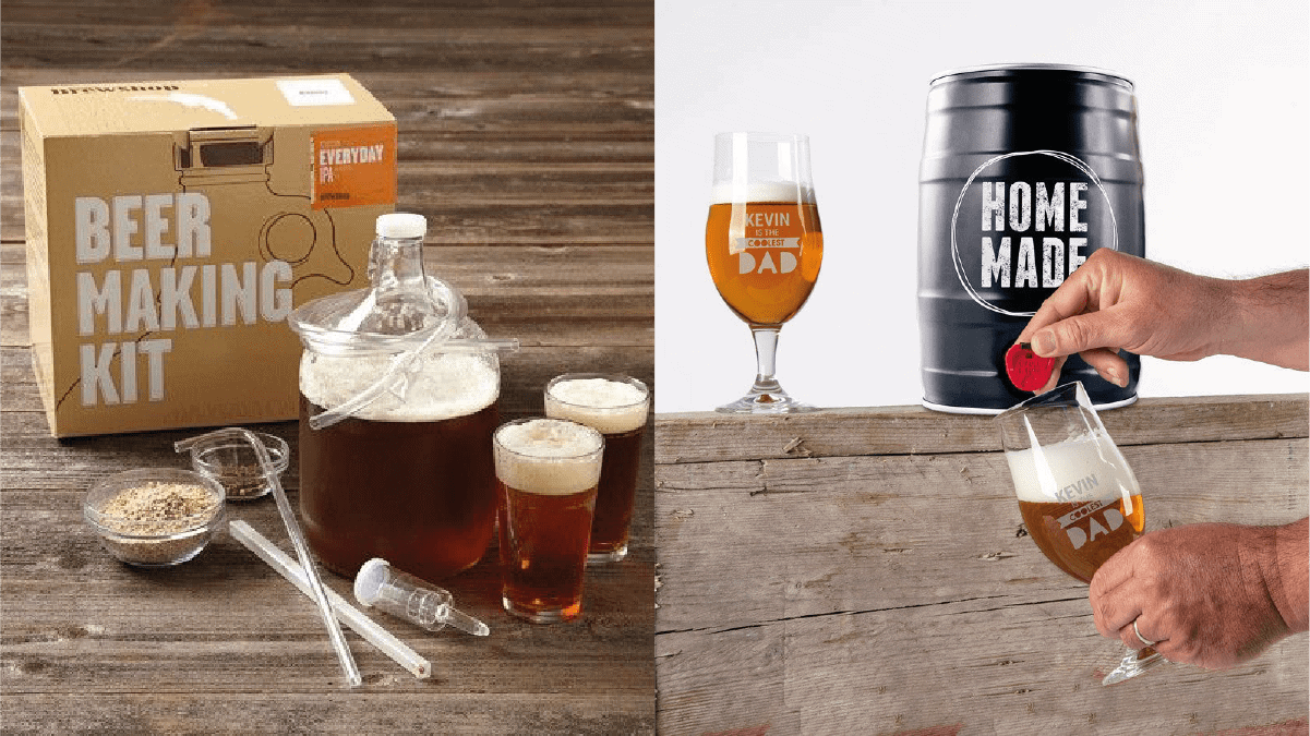On left: Beer making kit. On right: a person brewing homemade beer. 
