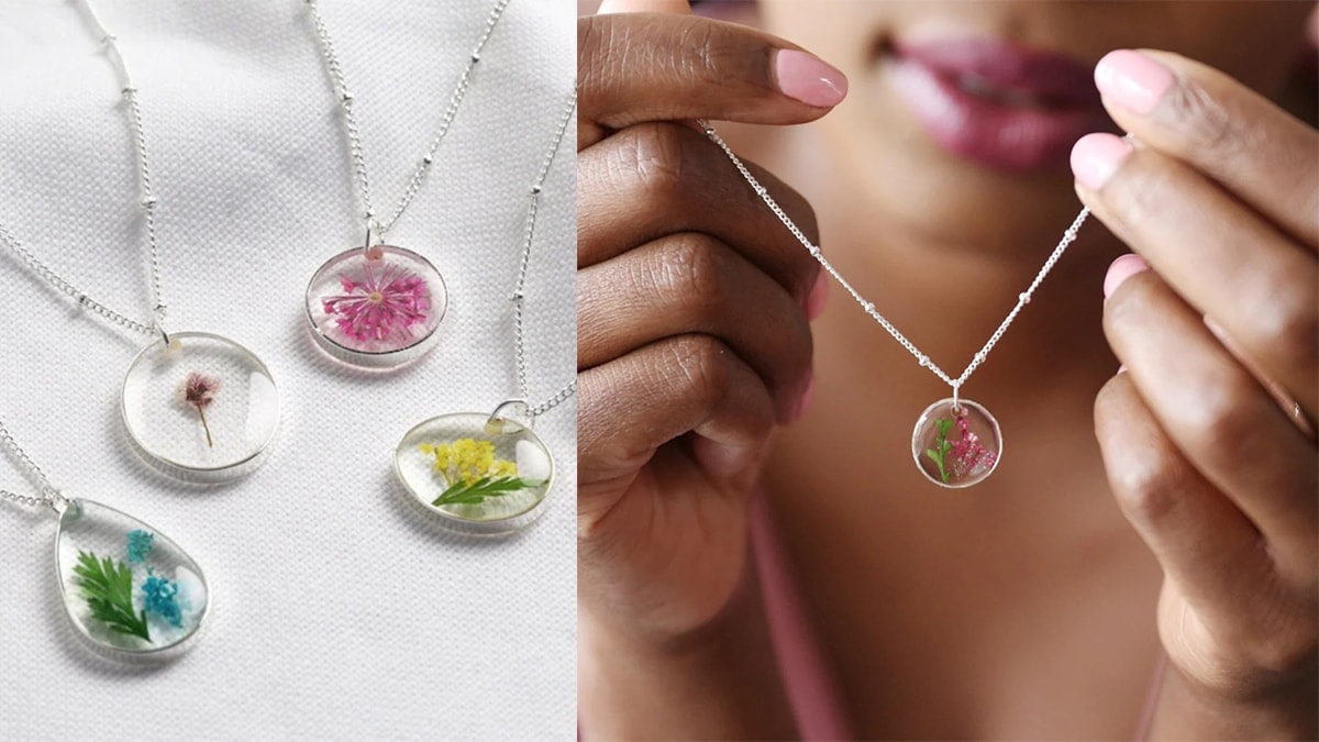 on right side: transparent birthflower necklaces. On the right side: a woman holding a birthflower necklace 